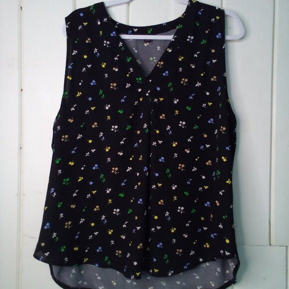 Ann Taylor Blouse Women XL Sleeveless V-Neck Floral Black Colorful - Picture 2 of 16